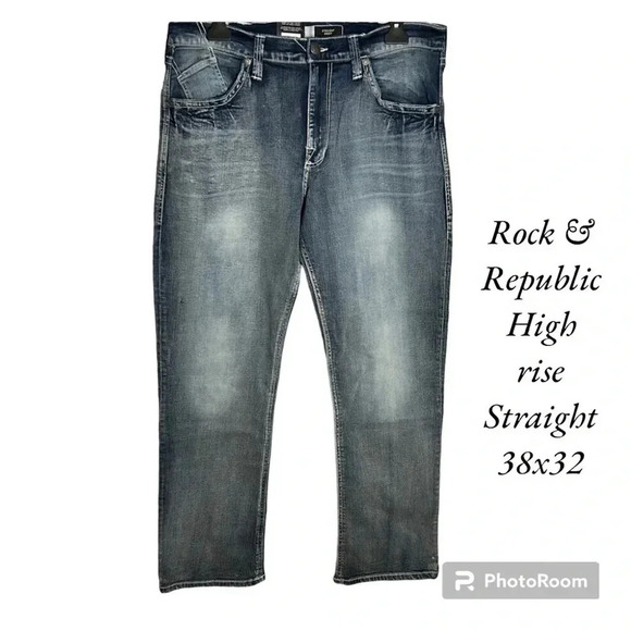 ROCK & REPUBLIC  denim jean,men 38x32 NEW!straight,high rise,embroidered logo - Picture 2 of 16